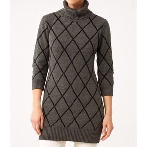 Turtleneck Diamond-Pattern Knit Sweater - Gray